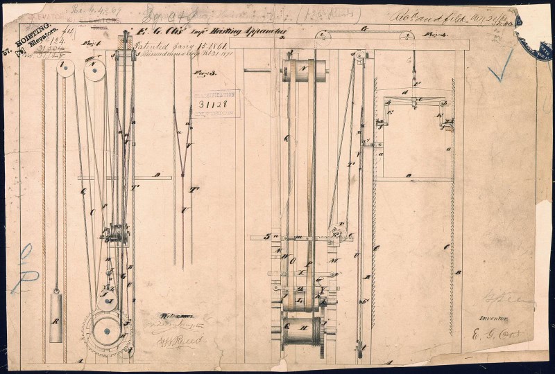 Patent sheet headed "E. G. Otis Impd Hoisting Apparatus, Patented Jany 15 1861", with three figures showing the car in its guides, pulleys, ropes, a toothed ratchet rail and a winding drum