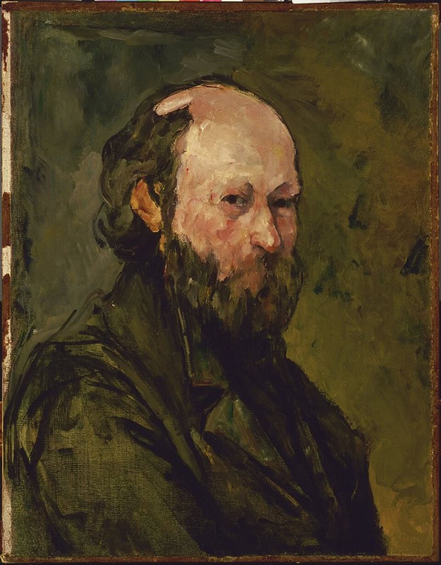 Balding man with a high forehead and a full dark beard, in a dark coat, painted in broad soft strokes against a mottled olive-green background, his gaze turned slightly aside