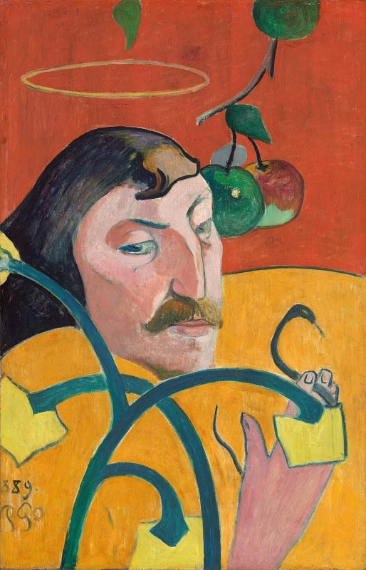 Stylised head and shoulders against flat red and yellow panels, a yellow halo above the head, hanging apples and a curling plant stem, with a small snake held between the fingers of one hand