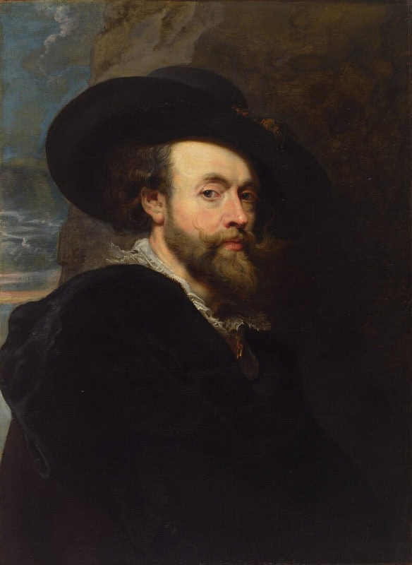 Bearded man in a wide-brimmed black hat and black coat with a white collar, turned three-quarters towards the viewer, a mass of brown rock filling most of the background and a narrow strip of cloudy sky at the left edge