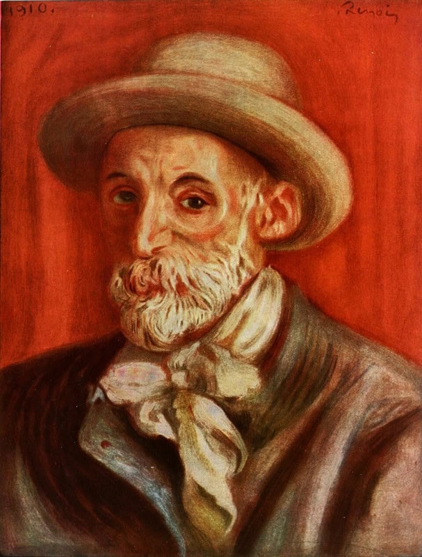 Elderly man with a white beard and deeply lined face wearing a pale straw hat and a white scarf, painted in warm loose strokes against a flat red background