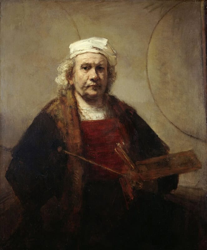 Elderly man in a white cap and a dark robe over a reddish under-garment, holding a palette, brushes and maulstick, standing before a pale wall on which two large arcs of circles are visible