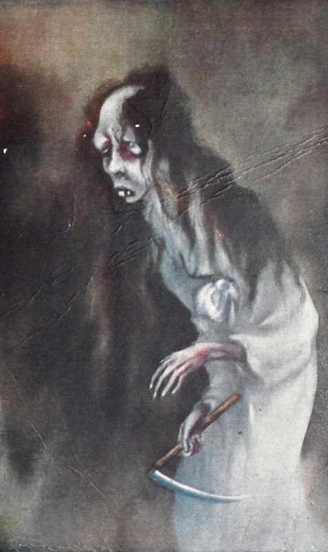 Japanese painting of Kasane, a pale long-haired yurei in a trailing white robe, holding a sickle as she emerges from darkness