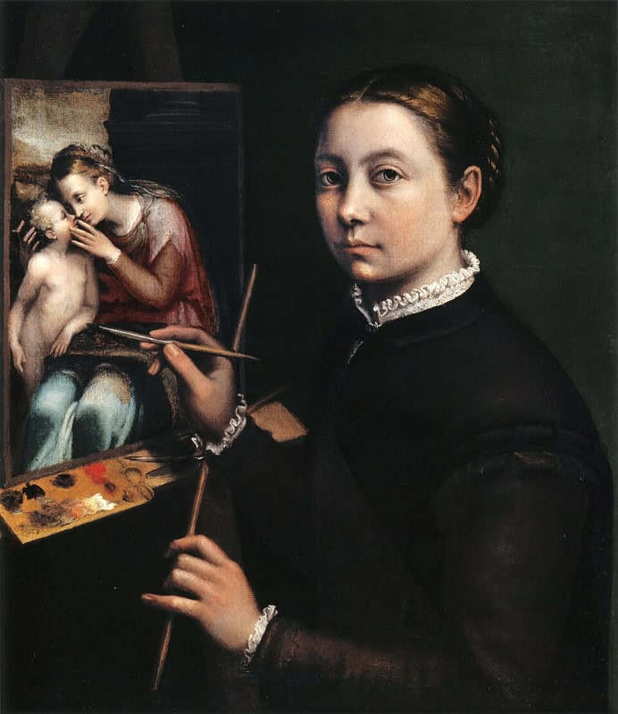 Young woman in a plain dark dress with a white collar at an easel, a fine brush in her raised hand touching the panel and a maulstick gripped in the other, a palette resting on a ledge beside her, the panel on the easel showing a Madonna leaning over a child
