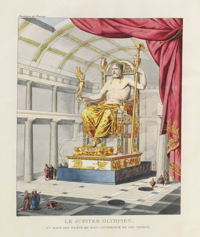 Coloured 19th-century plate reconstructing the lost chryselephantine Zeus of Olympia enthroned in gold and ivory inside his temple