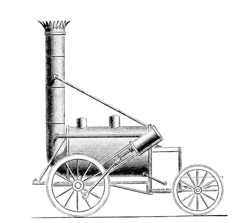 Engraving of the Rocket steam locomotive in side view, with a tall chimney, angled cylinder driving a large spoked front wheel, and a small rear wheel