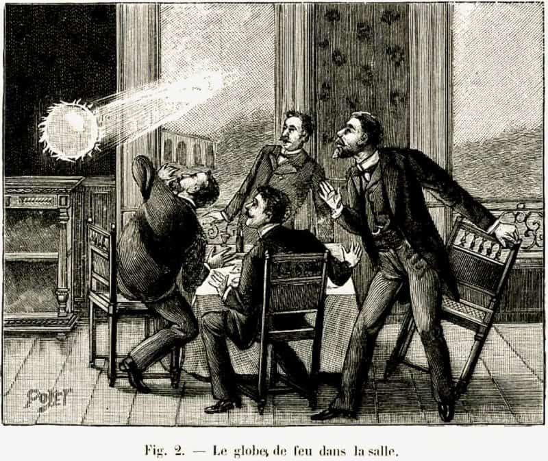 A nineteenth century engraving of a glowing sphere of ball lightning in a room with startled onlookers, with its original French figure caption printed beneath