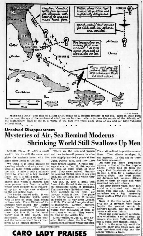 Scan of a 1950 Associated Press newspaper article headed Mysteries of Air, Sea Remind Moderns, with a map of the Bermuda area