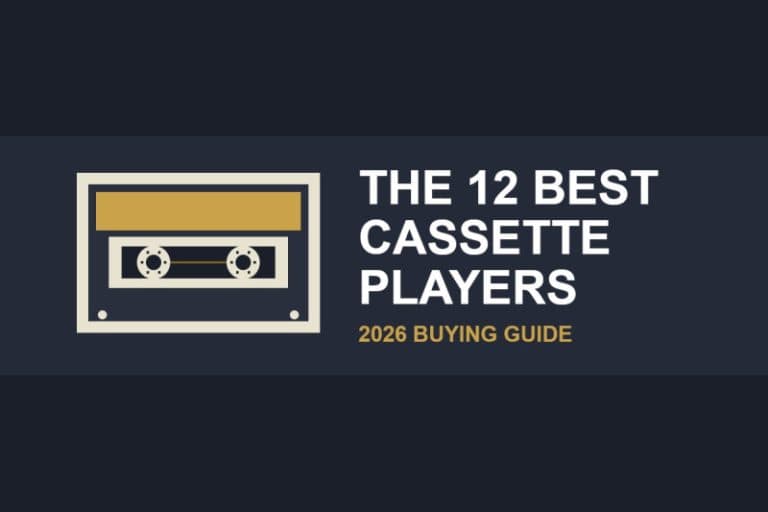 Illustrated title card reading The 12 Best Cassette Players, 2026 buying guide, with a drawn cassette tape
