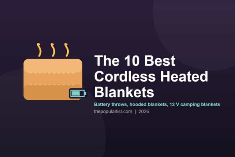 Title card reading The 10 Best Cordless Heated Blankets, with a folded orange blanket, heat lines and a battery icon on a dark purple background