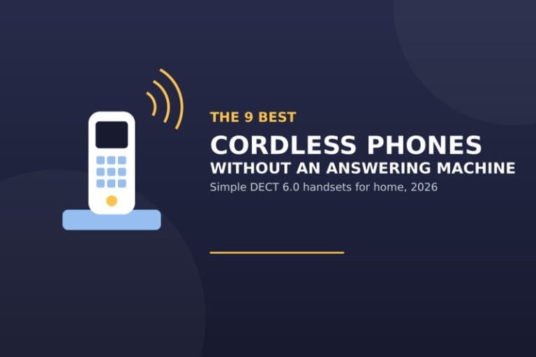 Title card reading The 9 Best Cordless Phones Without an Answering Machine, with a drawing of a cordless handset on its charging base