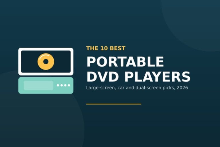 Title card reading The 10 Best Portable DVD Players, with a drawing of a clamshell portable DVD player