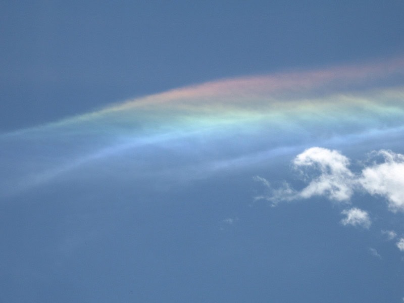 A broad arced band of ordered spectral colour, red uppermost, across thin cirrus with a small cumulus below