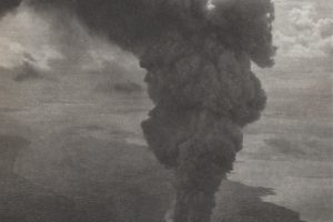 Grey eruption column of the Myojin-sho submarine volcano rising from the sea south of Tokyo in September 1952