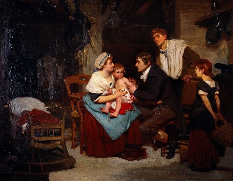 Oil painting of Edward Jenner vaccinating a boy held by his mother, with onlookers