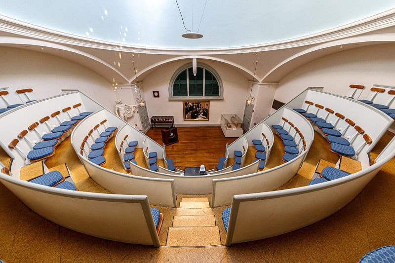The interior of the Ether Dome operating theatre at Massachusetts General Hospital, with tiered seats