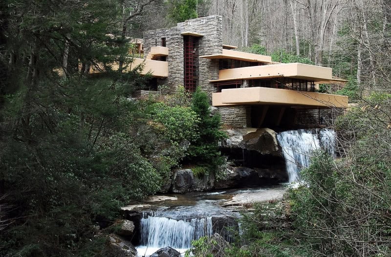 Fallingwater, the house cantilevered over a waterfall in the Pennsylvania woods