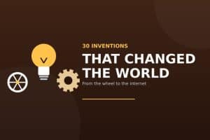 Title card reading 30 Inventions That Changed the World, with drawings of a wheel, a light bulb and a gear
