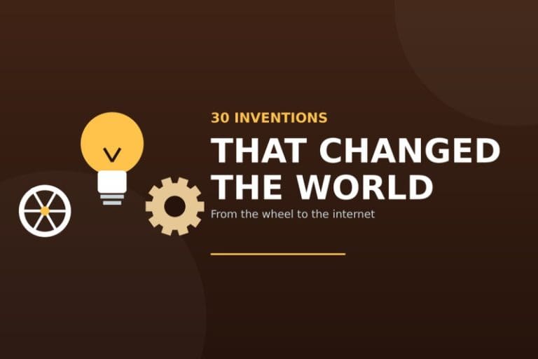 Title card reading 30 Inventions That Changed the World, with drawings of a wheel, a light bulb and a gear