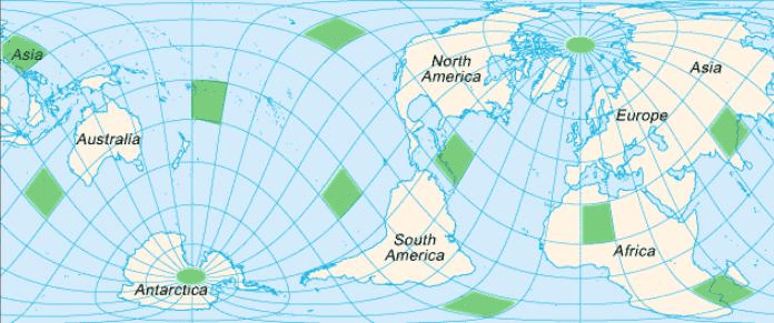 World map with twelve green lozenges marking the vile vortices proposed by Ivan Sanderson, spaced around the tropics and at the poles