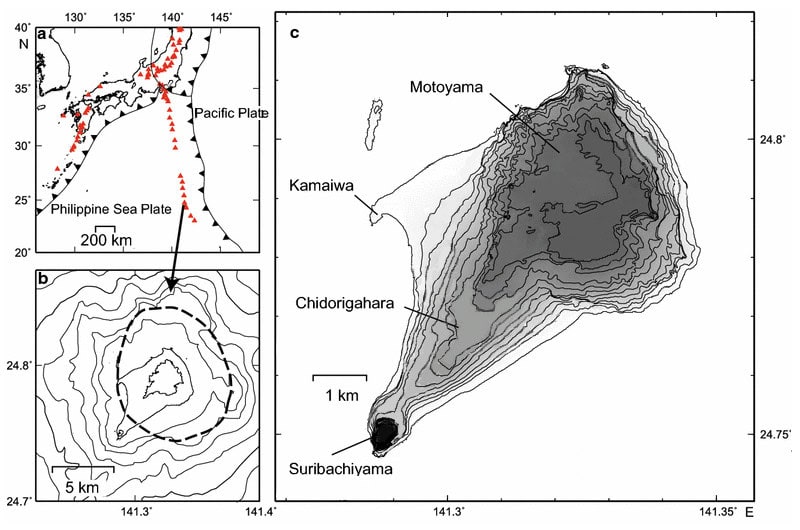 Scientific location map showing Iwo Jima on the volcanic chain between the Pacific Plate and the Philippine Sea Plate, with contour panels of the island and its summit