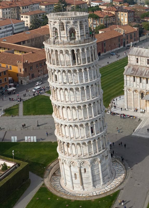 The Leaning Tower of Pisa beside the cathedral, photographed from above