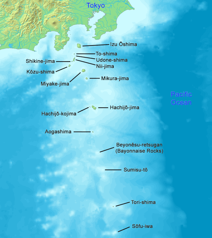 Map of the Izu Islands running south from Tokyo Bay, with Oshima, Miyake-jima, Hachijo-jima, Aogashima, the Bayonnaise Rocks and Torishima labelled in English against a blue sea