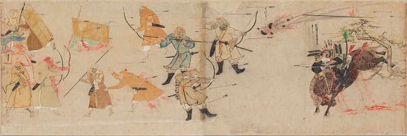 Detail from the Moko Shurai Ekotoba scroll showing mounted samurai and Mongol soldiers with bows in combat