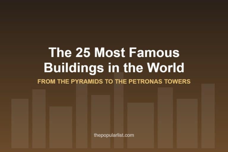 Title card reading The 25 Most Famous Buildings in the World, from the Pyramids to the Petronas Towers, over a skyline silhouette