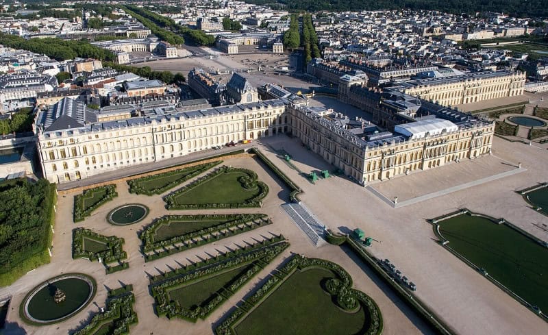 Aerial view of the Palace of Versailles and its gardens