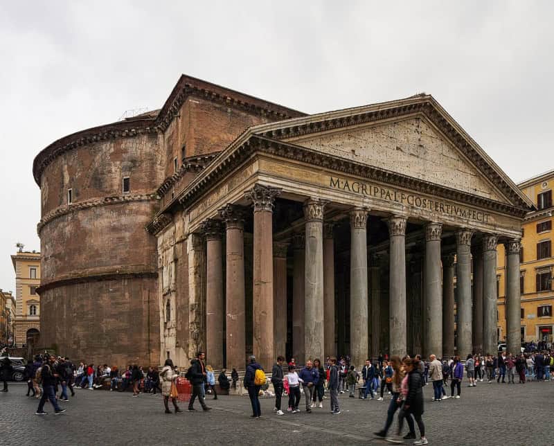 The Pantheon in Rome, showing its columned portico and dome from the right side
