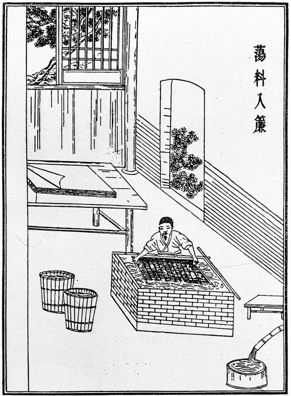 A Ming-dynasty woodcut showing a papermaker lifting a screen mould from a vat of pulp
