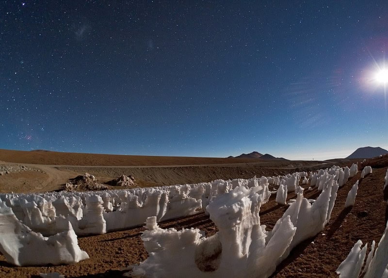 A field of short stubby ice spikes on a high plateau under a moonlit night sky full of stars
