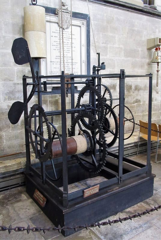The medieval iron clock mechanism of Salisbury Cathedral, an open frame of wheels and weights