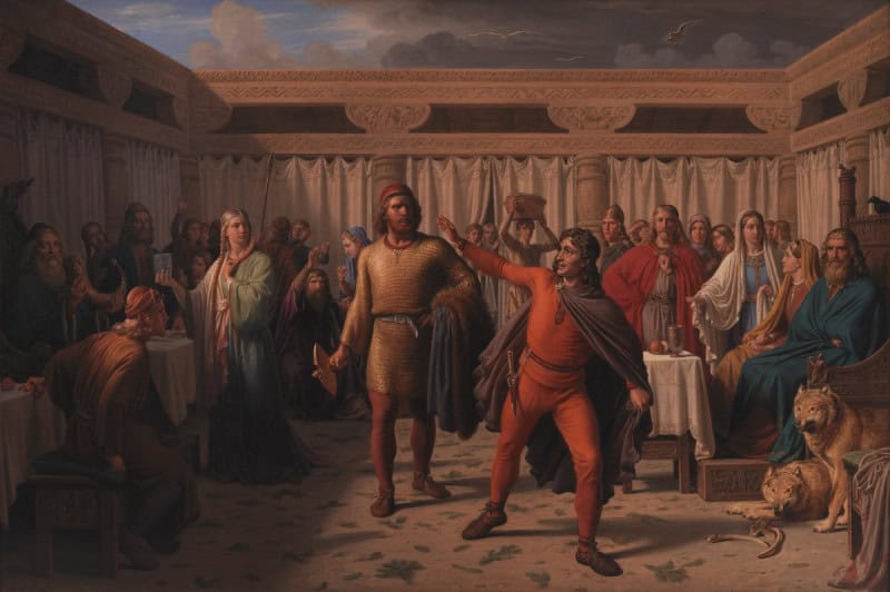 The gods seated at a long table in Aegir's hall with Loki standing to taunt them, in Constantin Hansen's 1857 painting Aegir's Feast