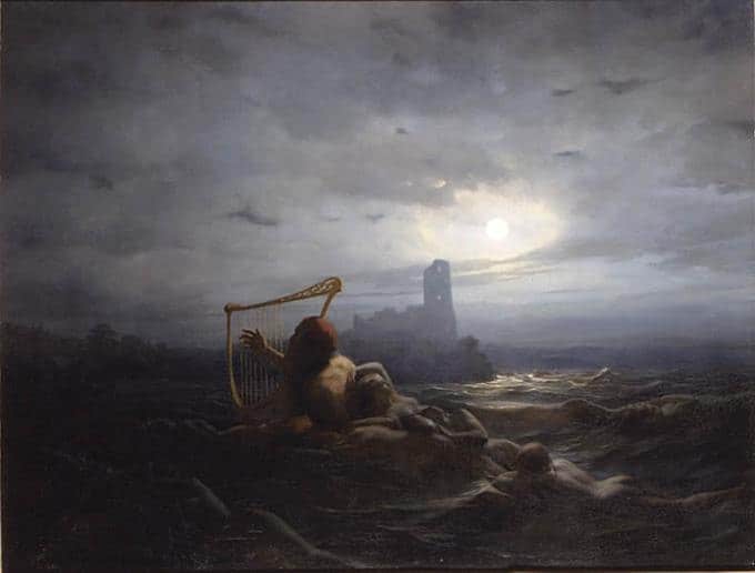 A water spirit playing music to the daughters of Aegir rising from the waves at night, Nils Blommer's 19th-century painting