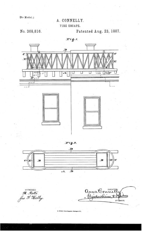 Anna Connelly's 1887 patent drawing for a fire escape bridge between rooftops