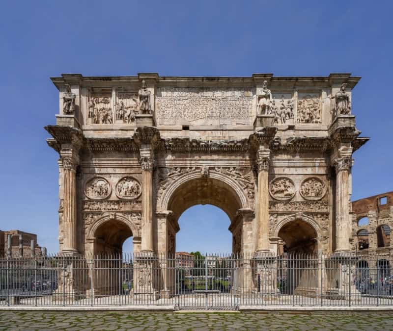 The south face of the Arch of Constantine in Rome, with its three passages and reused reliefs