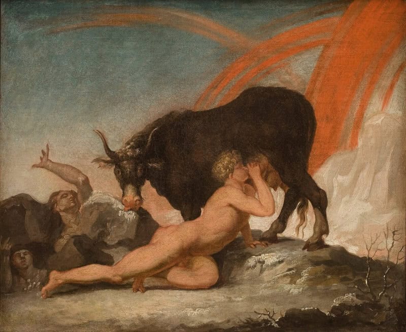 The giant Ymir drinking from the udder of the primeval cow Audhumla while she licks the ice, painted by Nicolai Abildgaard in the 1770s
