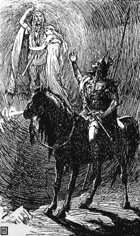 Baldr and Nanna standing together in the light of Hel's hall as Hermod, on horseback, raises his hand in farewell, in George Percy Jacomb-Hood's 1893 illustration Hermod's Farewell to Baldur