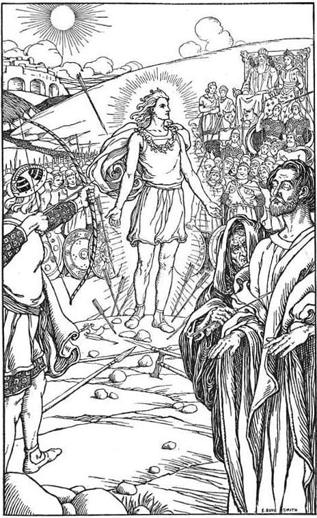 Baldr standing calmly as the gods throw spears and shoot arrows that pass over his head, in Elmer Boyd Smith's 1902 illustration