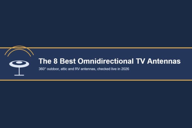 Title card reading The 8 Best Omnidirectional TV Antennas with a disc antenna and signal-arc graphic on a navy background