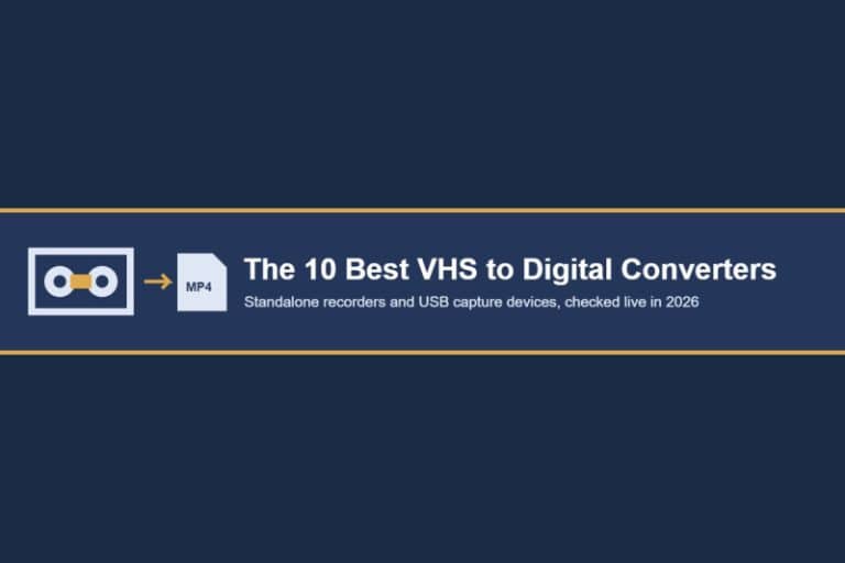 Title card reading The 10 Best VHS to Digital Converters with a VHS cassette, an arrow and an MP4 file graphic on a navy background