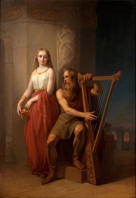 Bragi playing a harp beside Idunn, who sits with a basket of apples, in Nils Blommer's 1846 painting Idun and Brage
