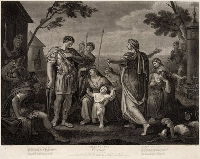 Volumnia, Virgilia and young Martius pleading with Coriolanus in the Volscian camp, engraving after Gavin Hamilton for the Boydell Shakespeare Gallery, 1803
