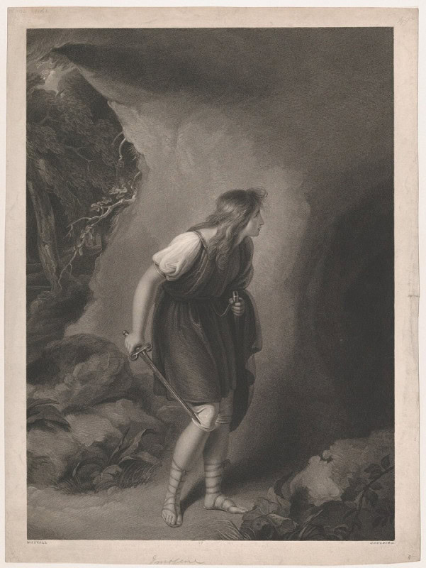 Imogen in boy's clothes before the cave in Wales, engraving after Richard Westall for the Boydell Shakespeare Gallery, 1803