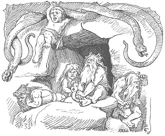 Bearded dwarves gathered before a great stone, a 19th-century drawing by Lorenz Frolich for the Poetic Edda