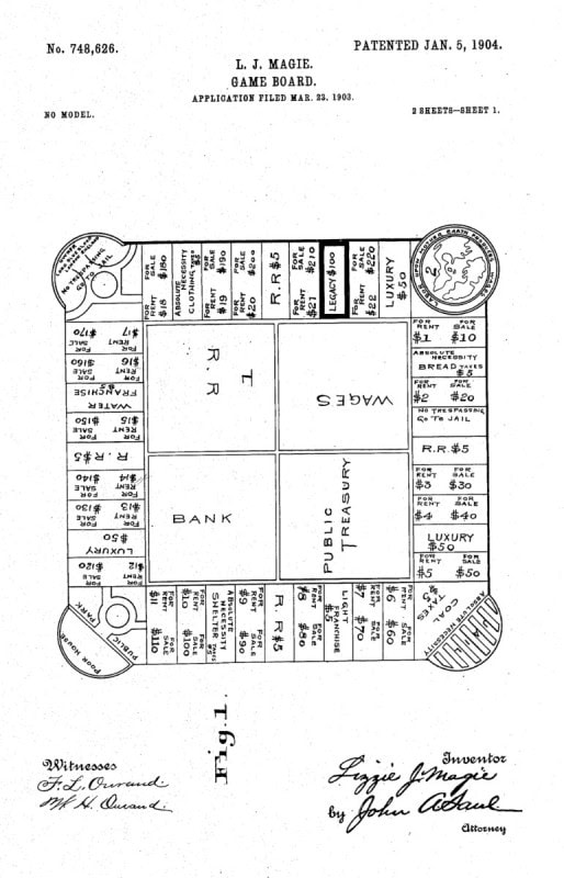 Patent drawing of Elizabeth Magie's Landlord's Game board, 1904, the forerunner of Monopoly