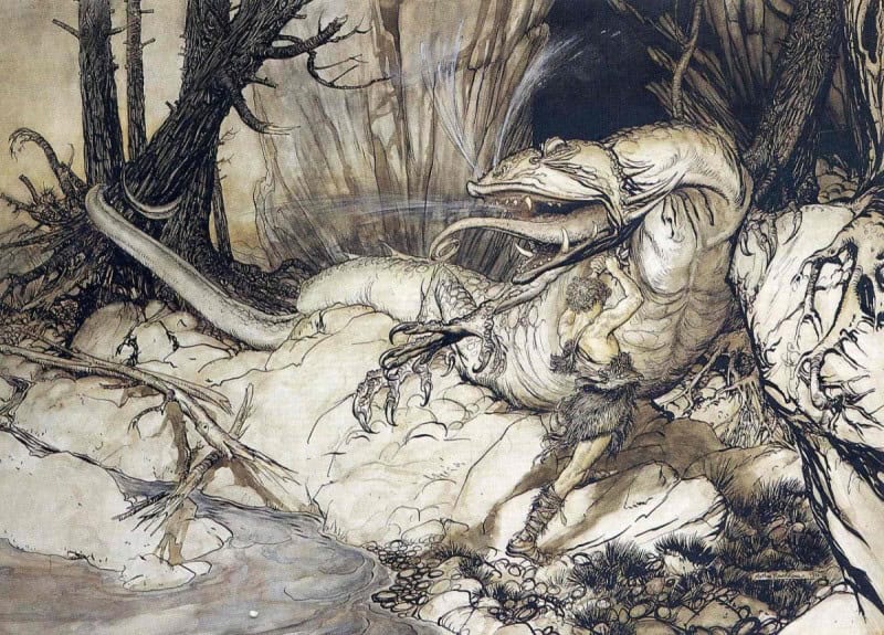 Siegfried thrusts his sword into the dragon Fafner as it looms over him, Arthur Rackham's 1911 illustration for Wagner's Ring