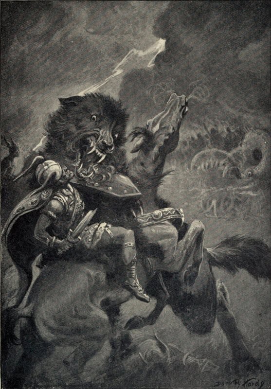 Odin on horseback with raised spear faces the giant wolf Fenrir at Ragnarok, in Dorothy Hardy's 1909 illustration